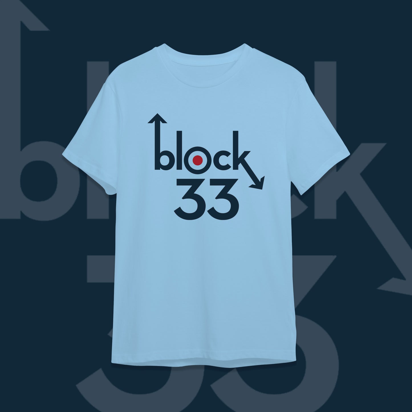 Light blue t-shirt with 'block 33' design on a dark background