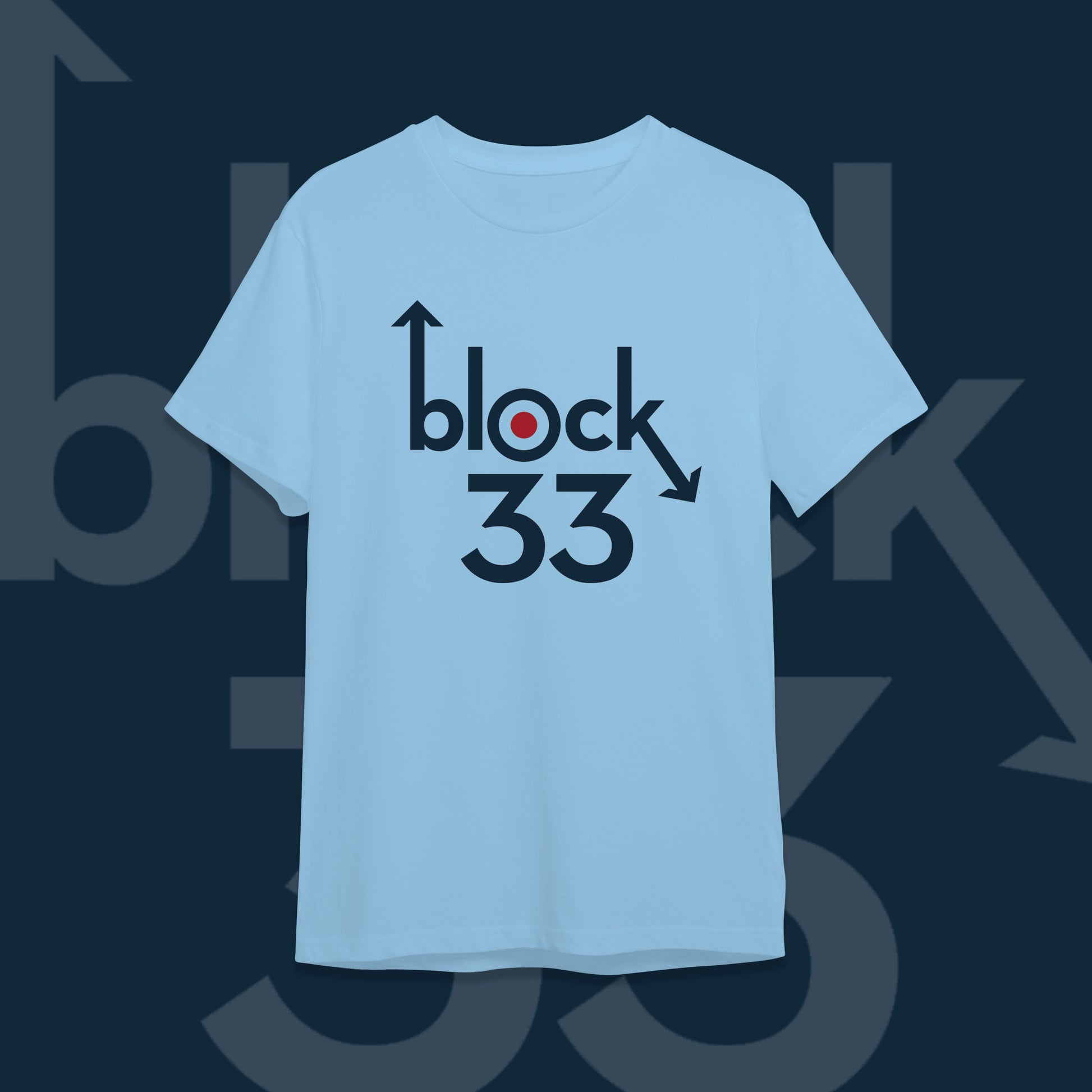 Light blue t-shirt with 'block 33' design on a dark background