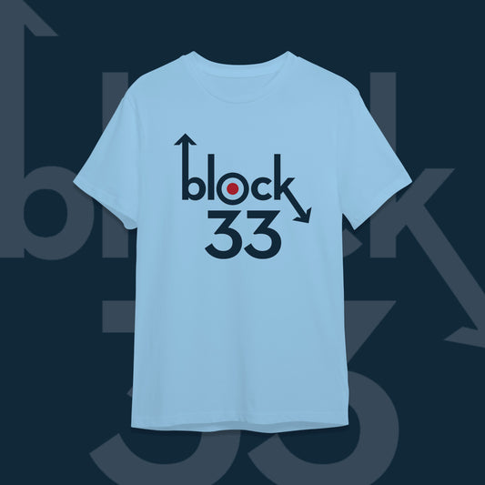 Light blue t-shirt with 'block 33' design on a dark background